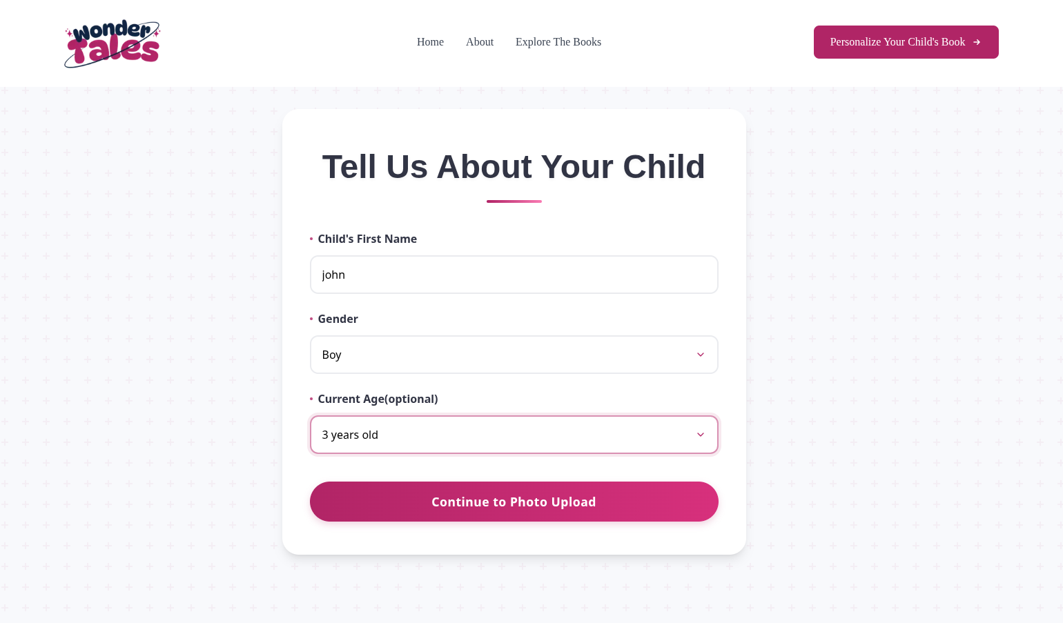 WonderTales child details personalization form