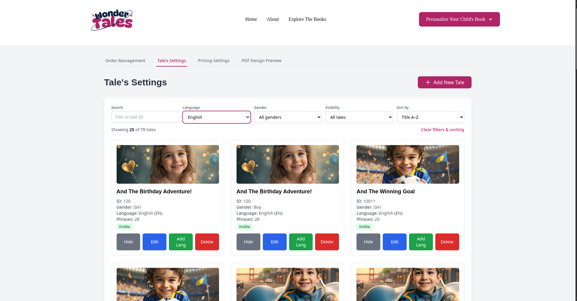 WonderTales story management dashboard