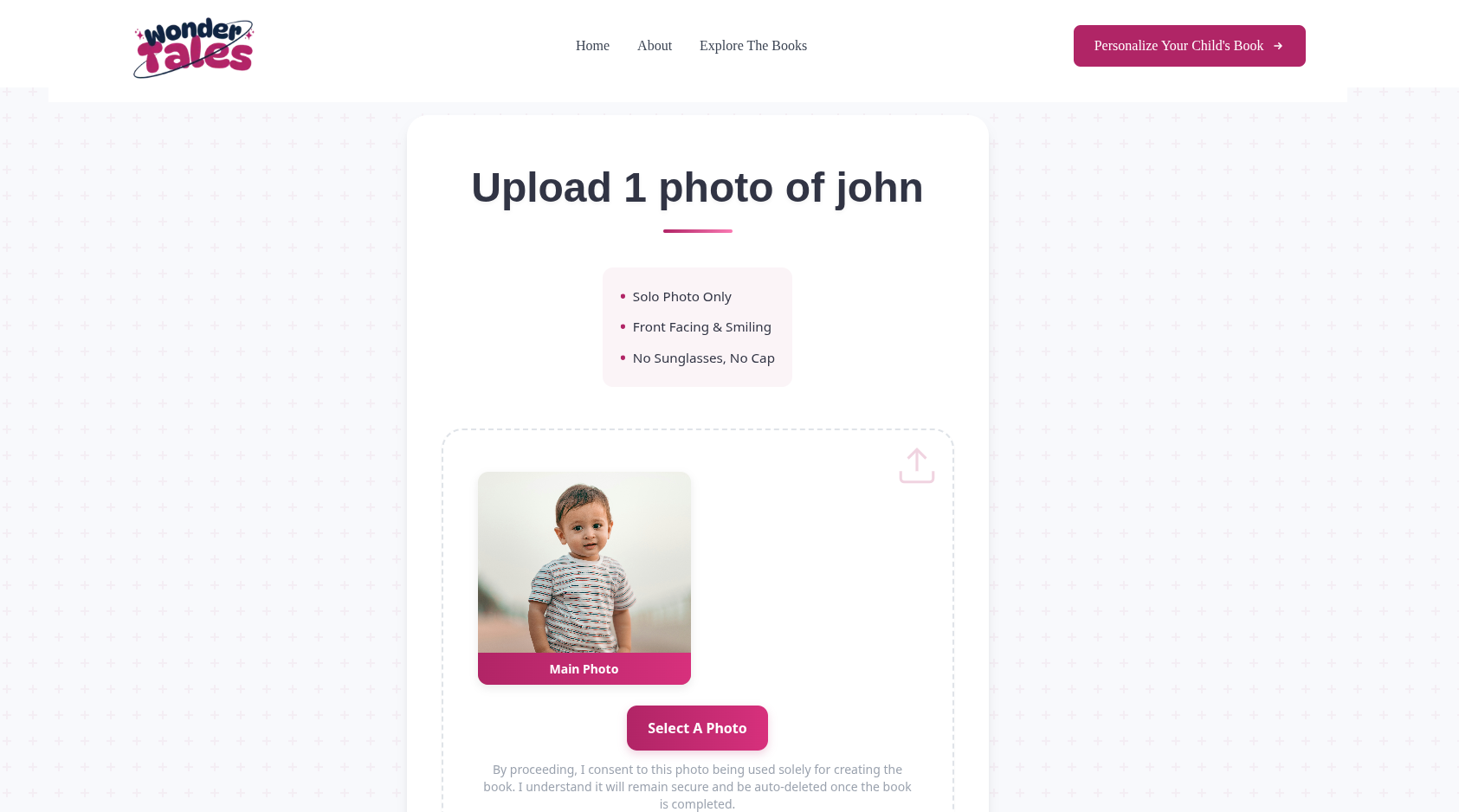 WonderTales child picture upload step