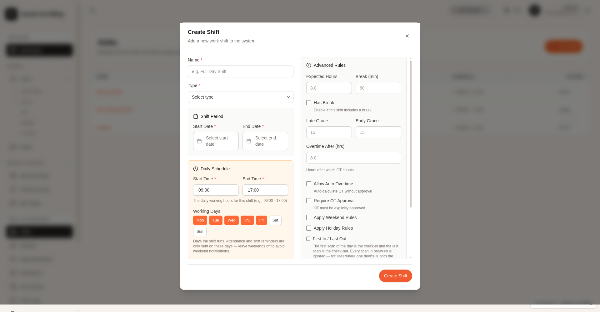 HyrjeDalje shift creation workflow