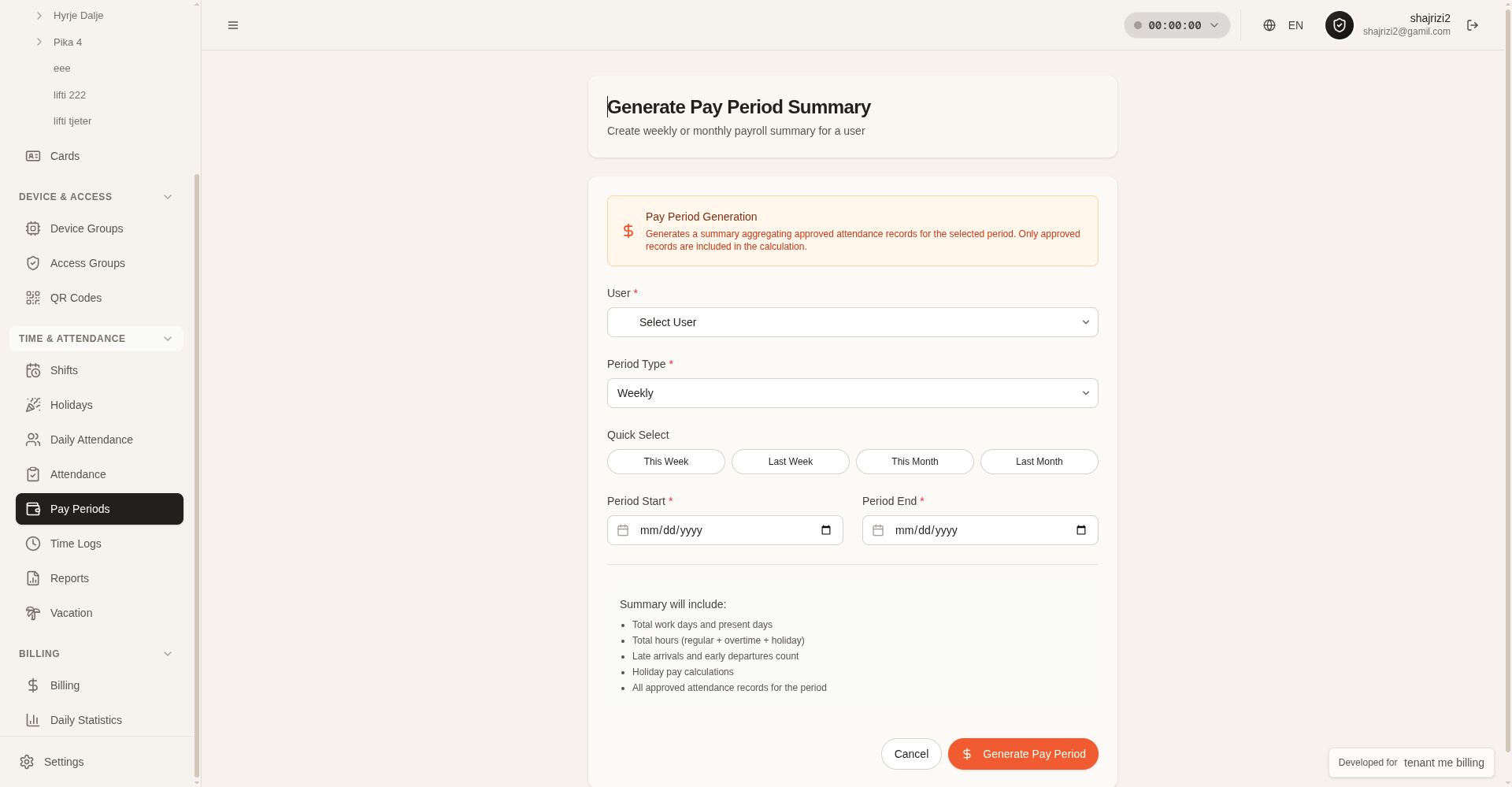 HyrjeDalje pay-period generation screen